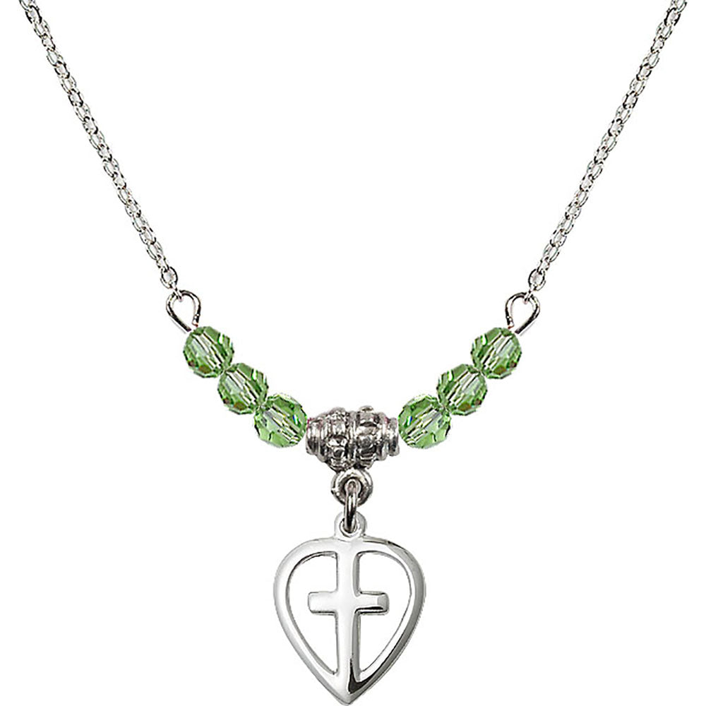 Sterling Silver Heart / Cross Birthstone Necklace with Peridot Beads - 1709