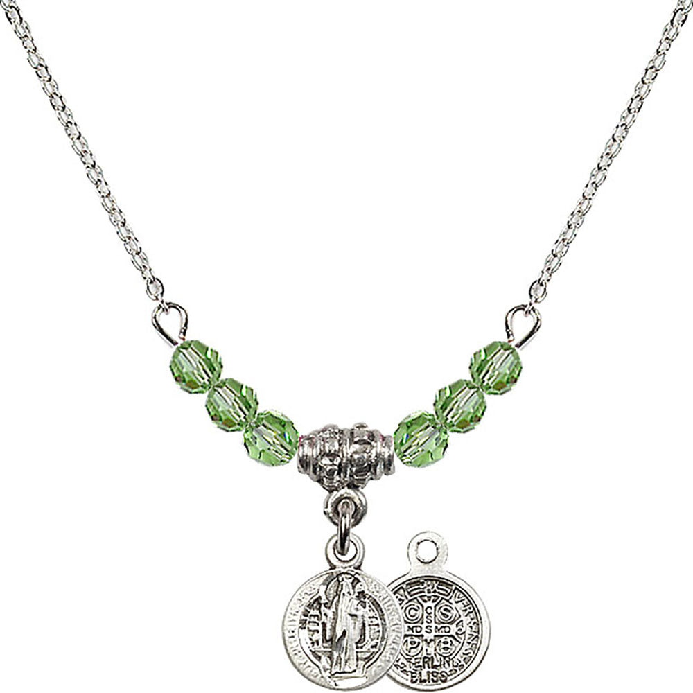 Sterling Silver Saint Benedict Birthstone Necklace with Peridot Beads - 2341