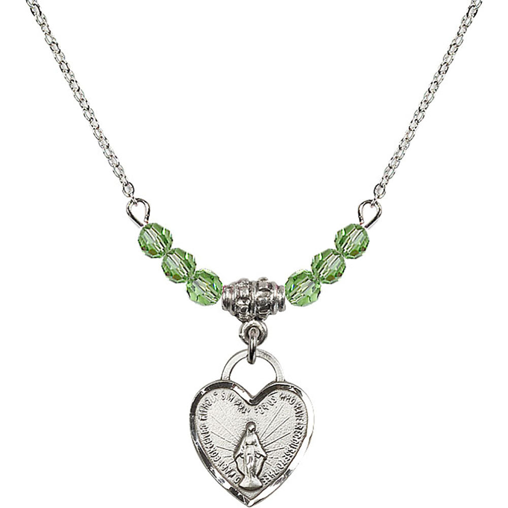 Sterling Silver Miraculous Heart Birthstone Necklace with Peridot Beads - 3401