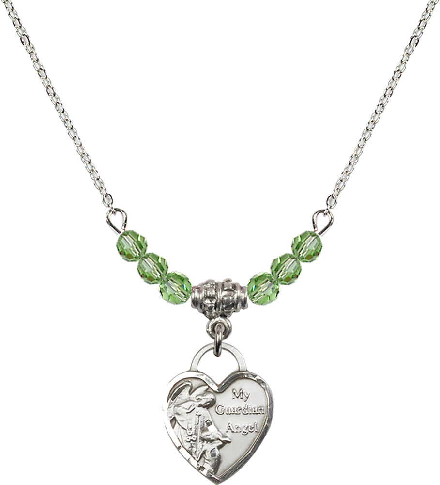 Sterling Silver Guardian Angel Heart Birthstone Necklace with Peridot Beads - 3402