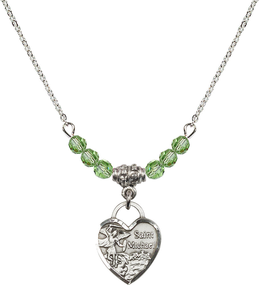 Sterling Silver Saint Michael Heart Birthstone Necklace with Peridot Beads - 3403