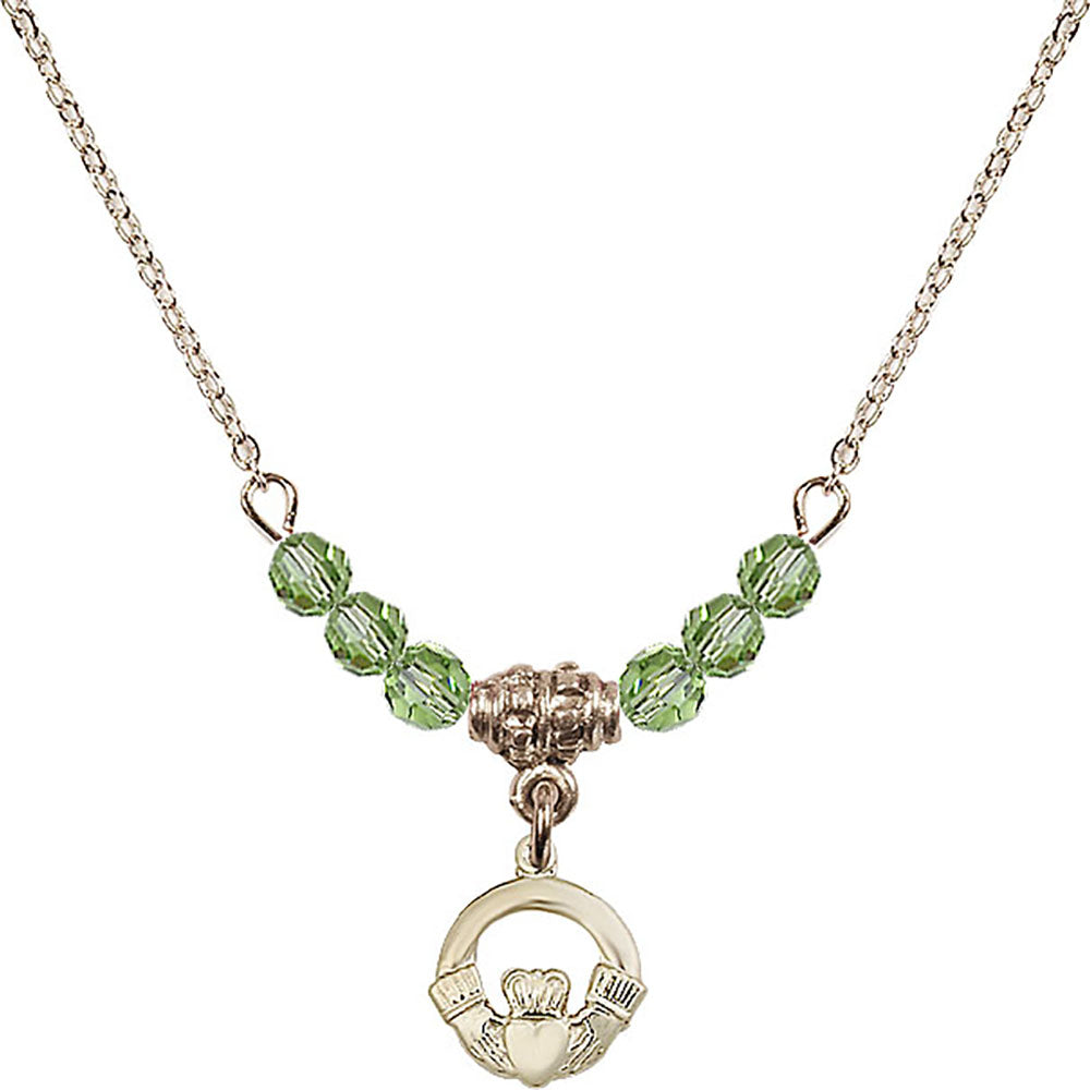 14kt Gold Filled Claddagh Birthstone Necklace with Peridot Beads - 4113