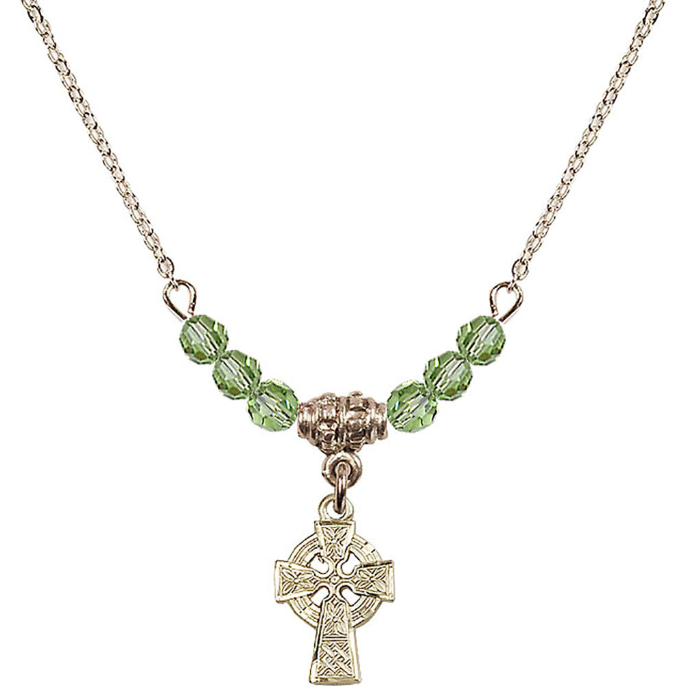 14kt Gold Filled Celtic Cross Birthstone Necklace with Peridot Beads - 4133