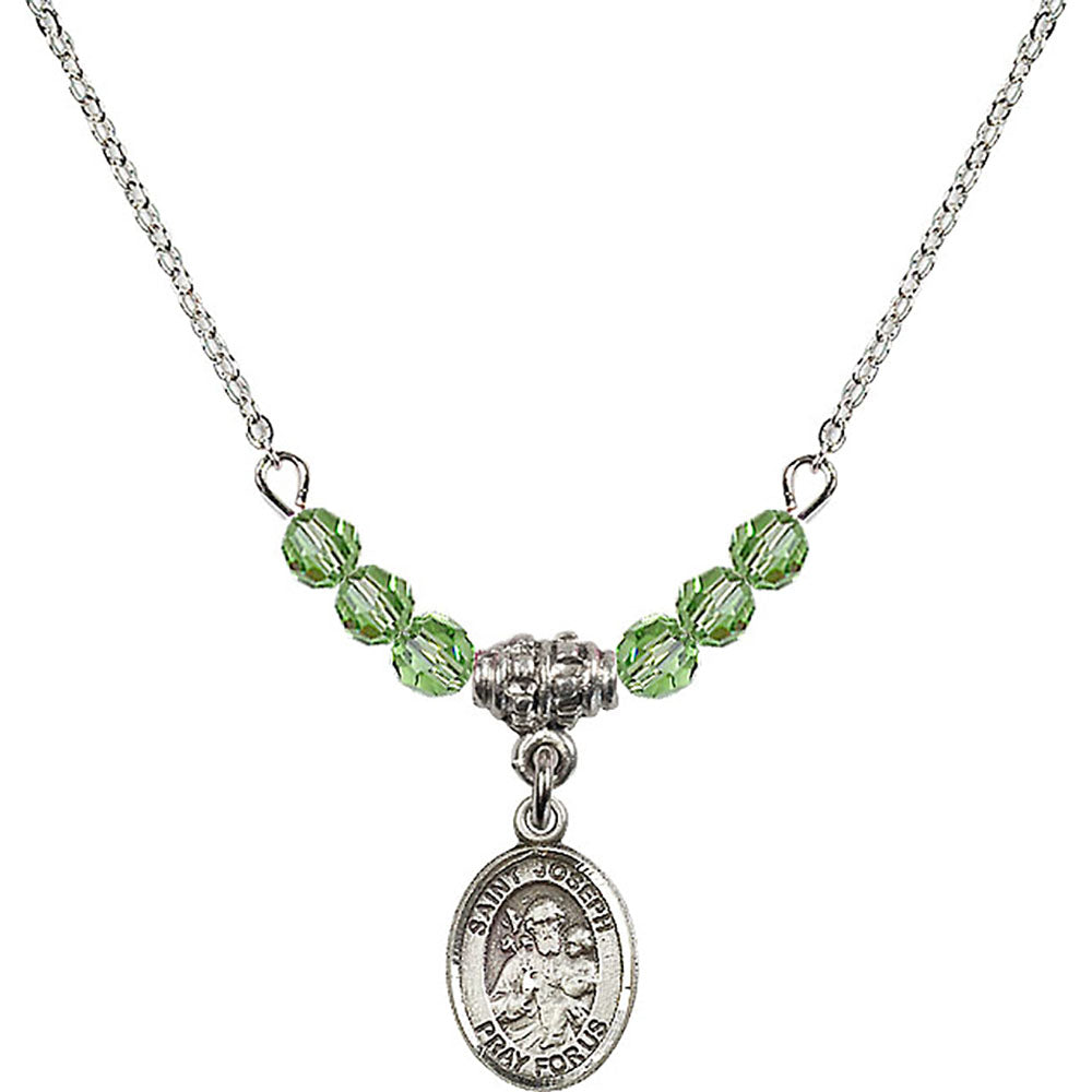 Sterling Silver Saint Joseph Birthstone Necklace with Peridot Beads - 9058