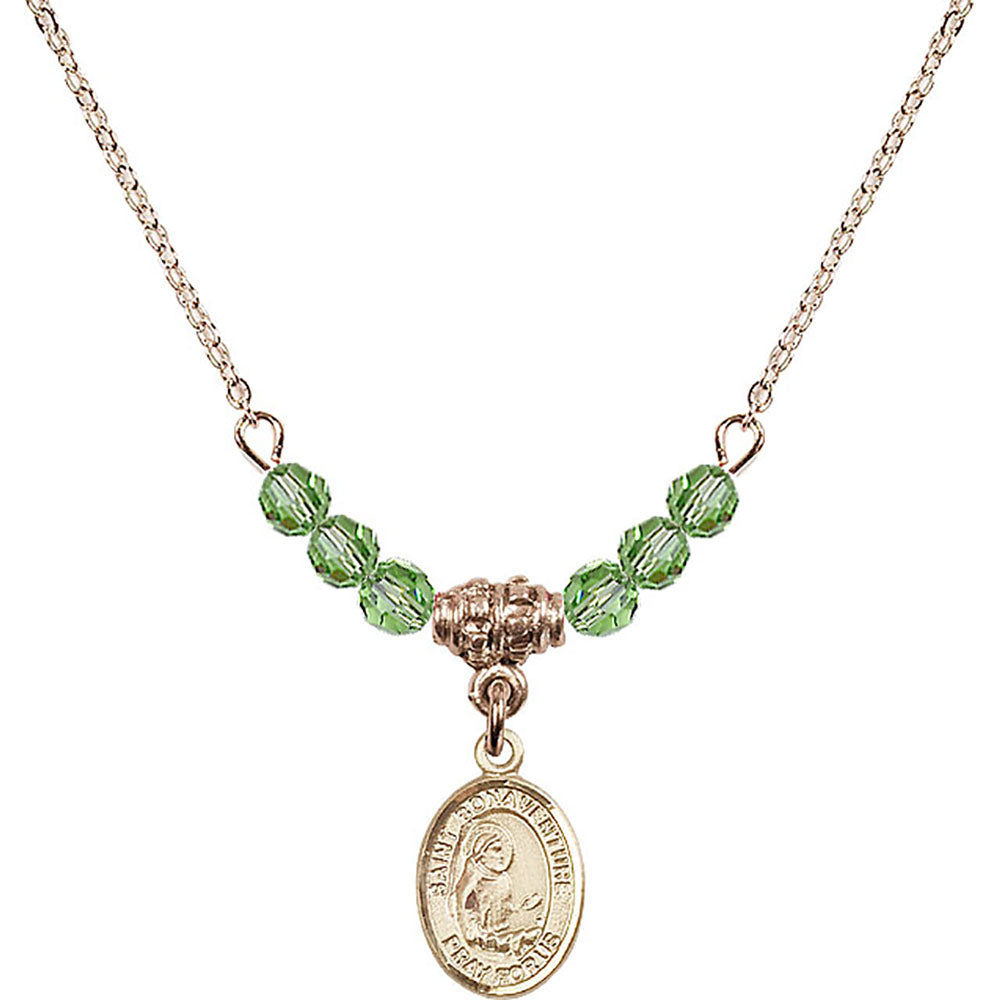 14kt Gold Filled Saint Bonaventure Birthstone Necklace with Peridot Beads - 9085