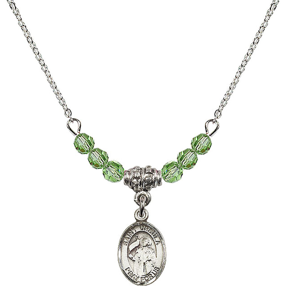 Sterling Silver Saint Ursula Birthstone Necklace with Peridot Beads - 9127