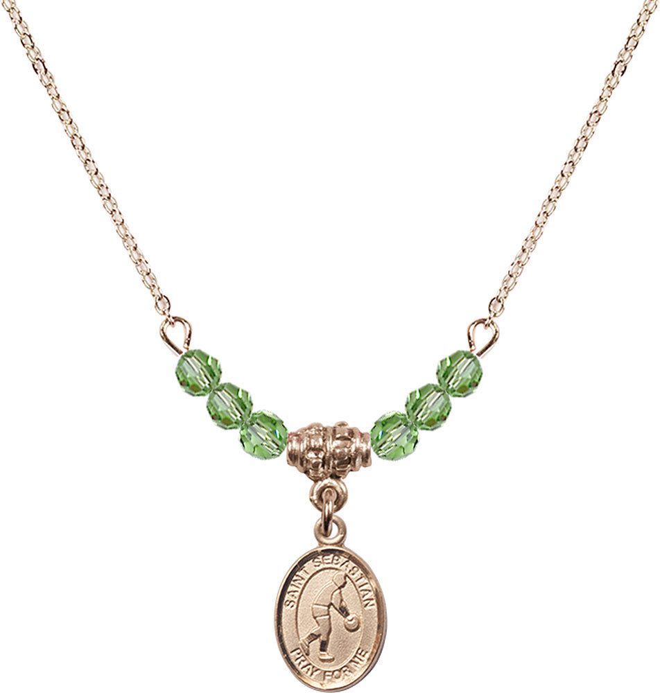 14kt Gold Filled Saint Sebastian/Basketball Birthstone Necklace with Peridot Beads - 9163