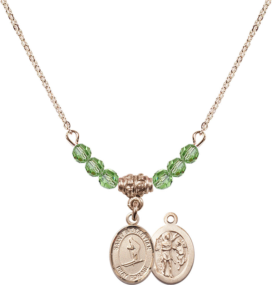 14kt Gold Filled Saint Sebastian/Skiing Birthstone Necklace with Peridot Beads - 9169