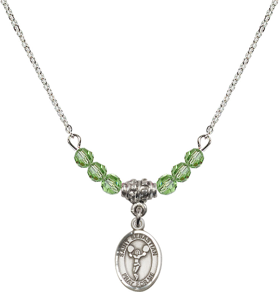 Sterling Silver Saint Sebastian/Cheerleading Birthstone Necklace with Peridot Beads - 9170