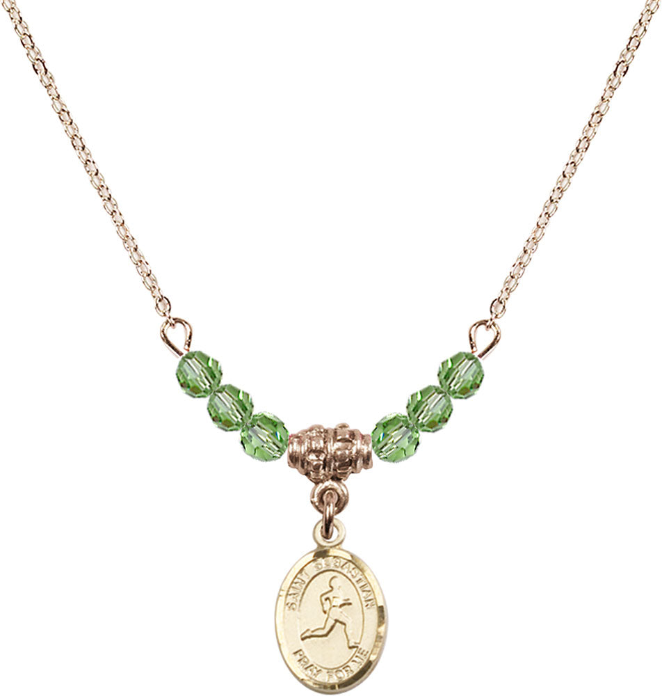 14kt Gold Filled Saint Sebastian/Track & Field Birthstone Necklace with Peridot Beads - 9176