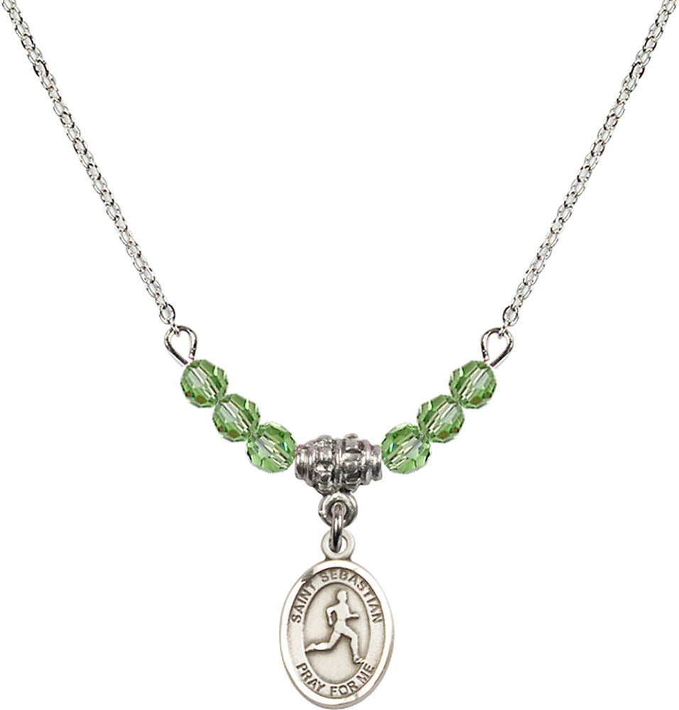 Sterling Silver Saint Sebastian/Track & Field Birthstone Necklace with Peridot Beads - 9176