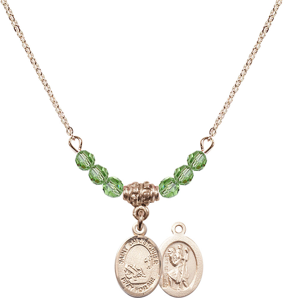 14kt Gold Filled Saint Christopher / Fishing Birthstone Necklace with Peridot Beads - 9196