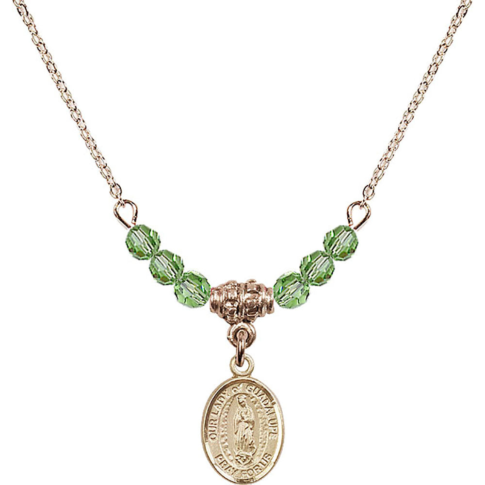 14kt Gold Filled Our Lady of Guadalupe Birthstone Necklace with Peridot Beads - 9206