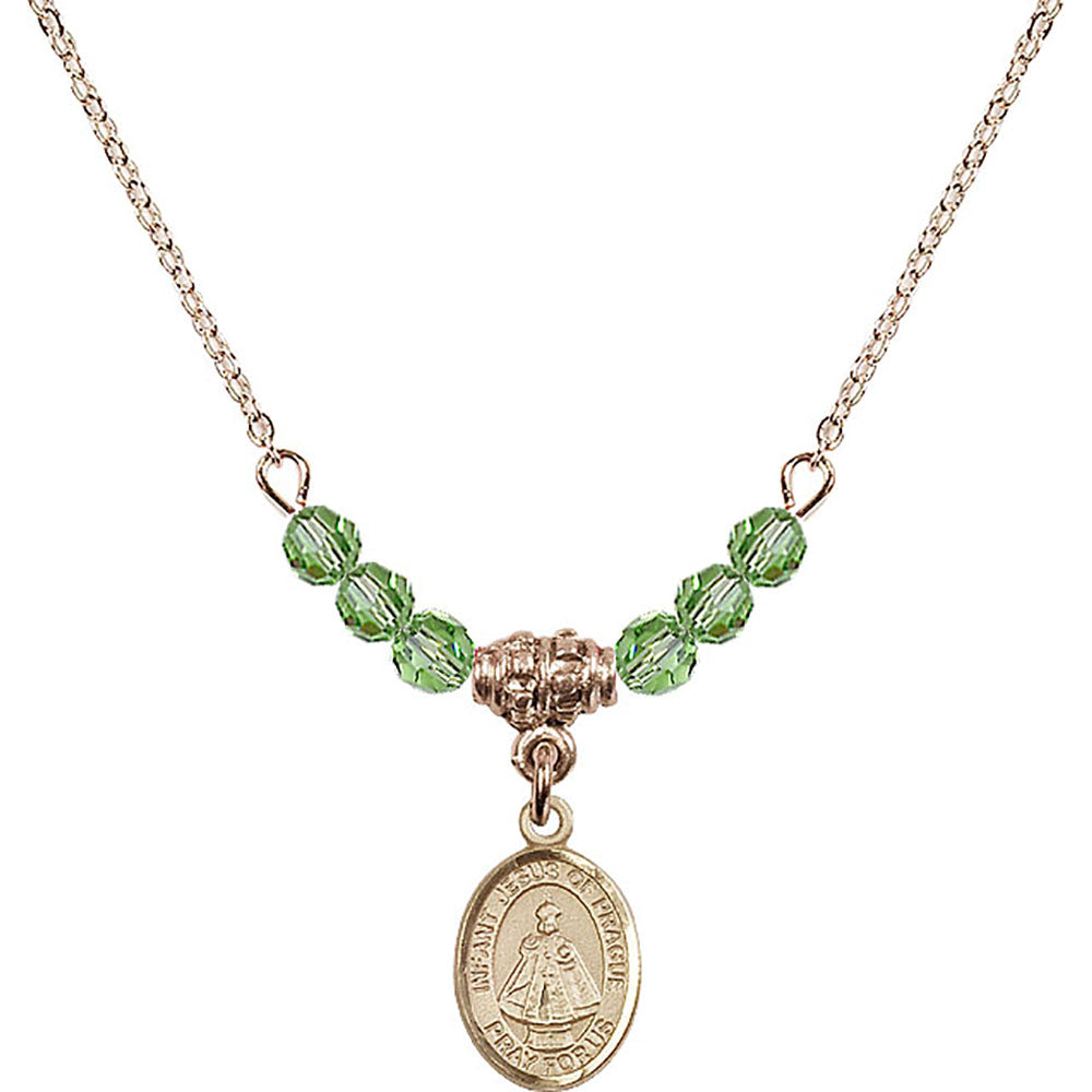 14kt Gold Filled Infant of Prague Birthstone Necklace with Peridot Beads - 9207