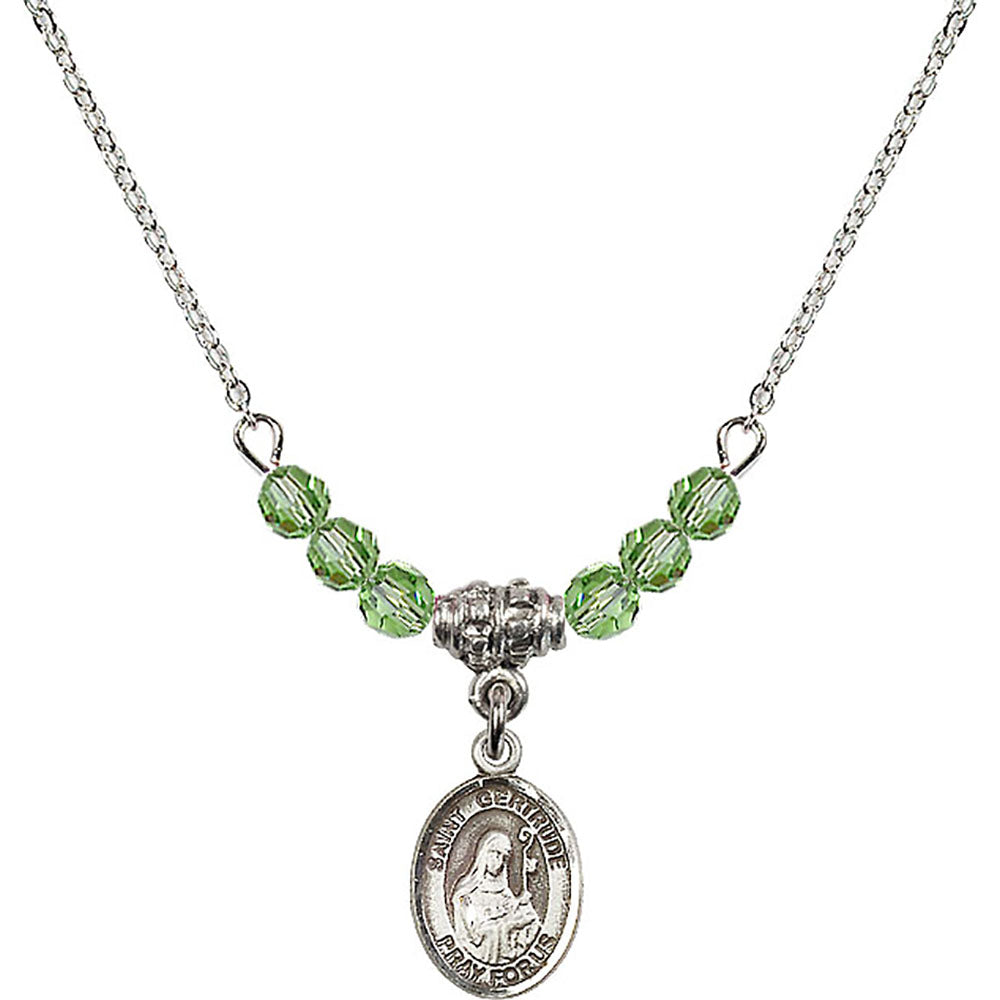 Sterling Silver Saint Gertrude of Nivelles Birthstone Necklace with Peridot Beads - 9219