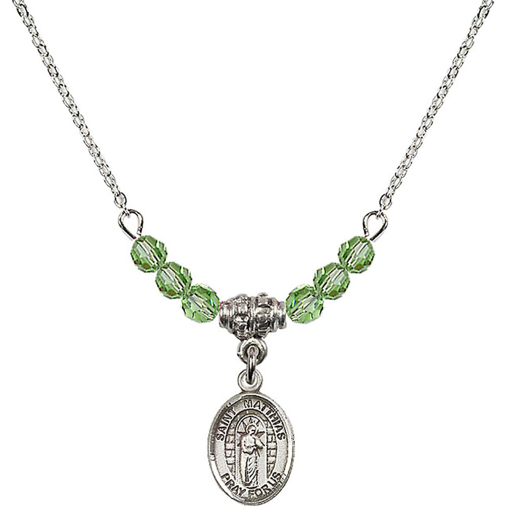 Sterling Silver Saint Matthias the Apostle Birthstone Necklace with Peridot Beads - 9331