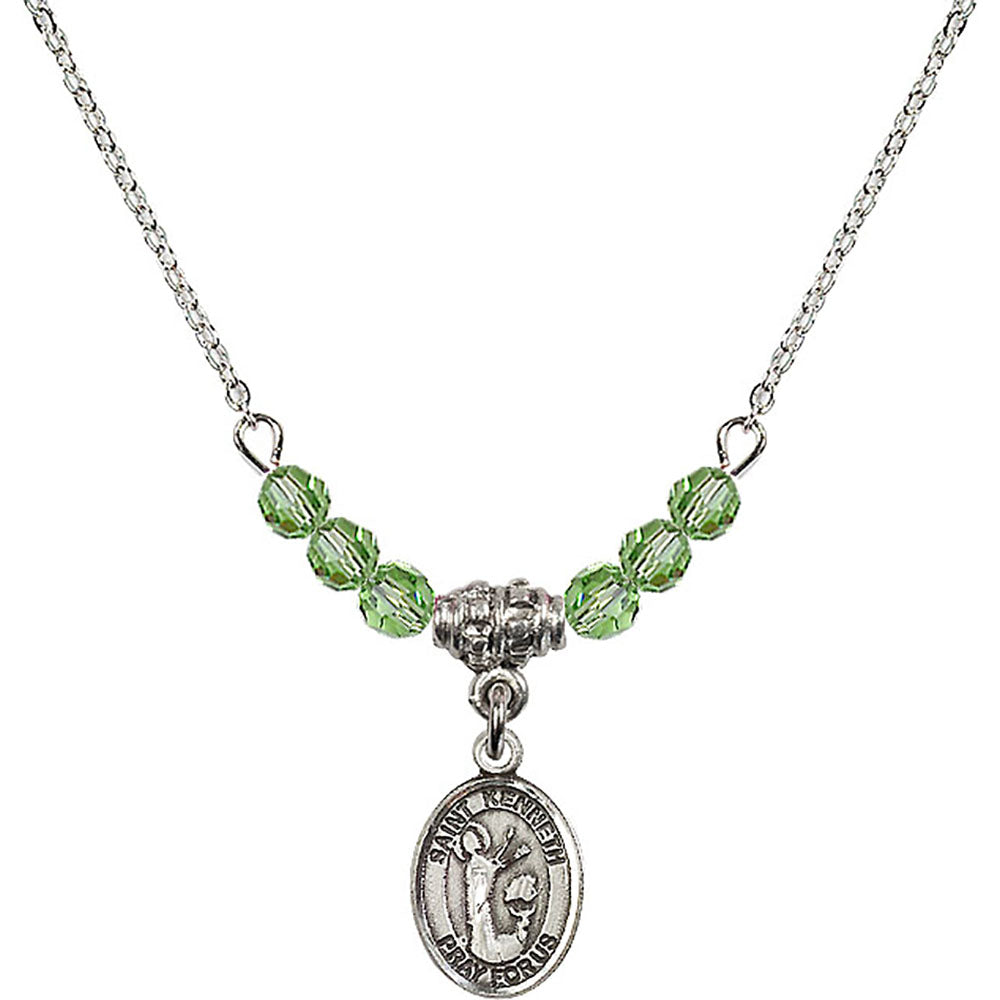Sterling Silver Saint Kenneth Birthstone Necklace with Peridot Beads - 9332