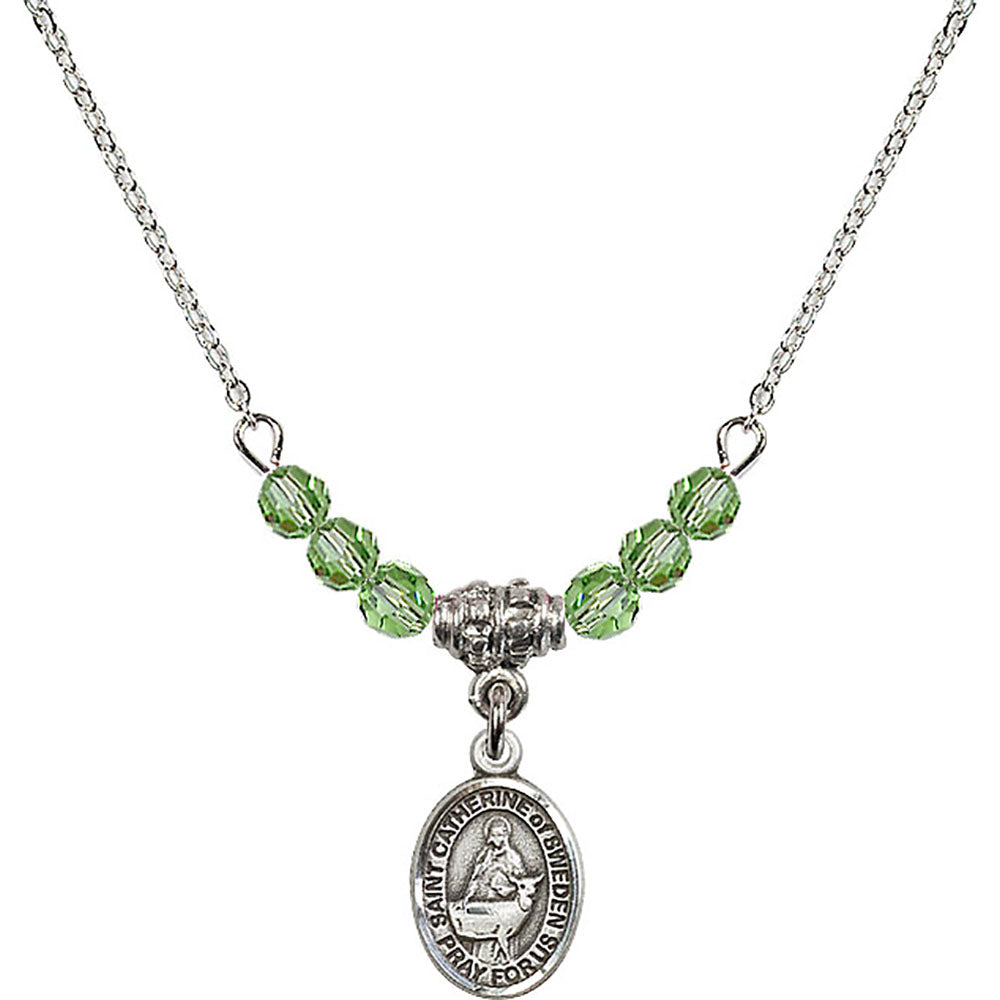 Sterling Silver Saint Catherine of Sweden Birthstone Necklace with Peridot Beads - 9336