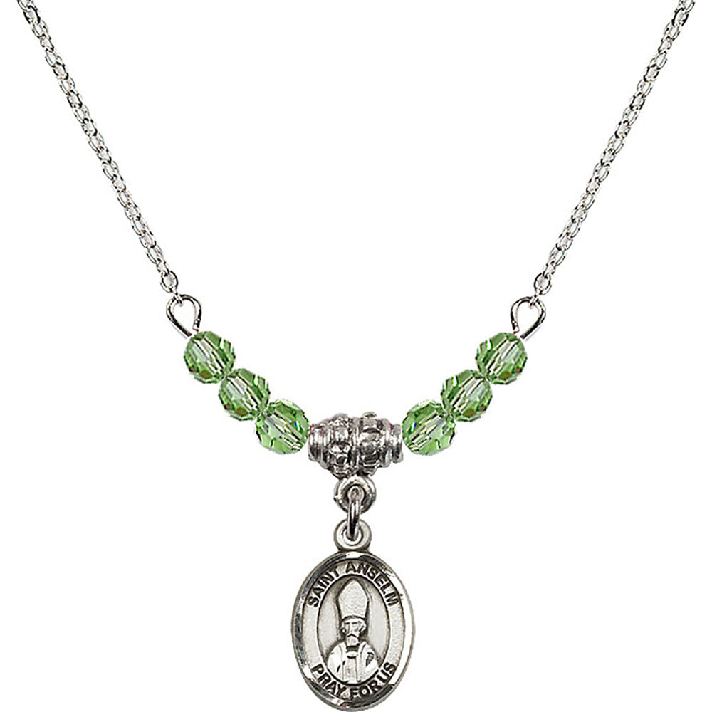 Sterling Silver Saint Anselm of Canterbury Birthstone Necklace with Peridot Beads - 9342