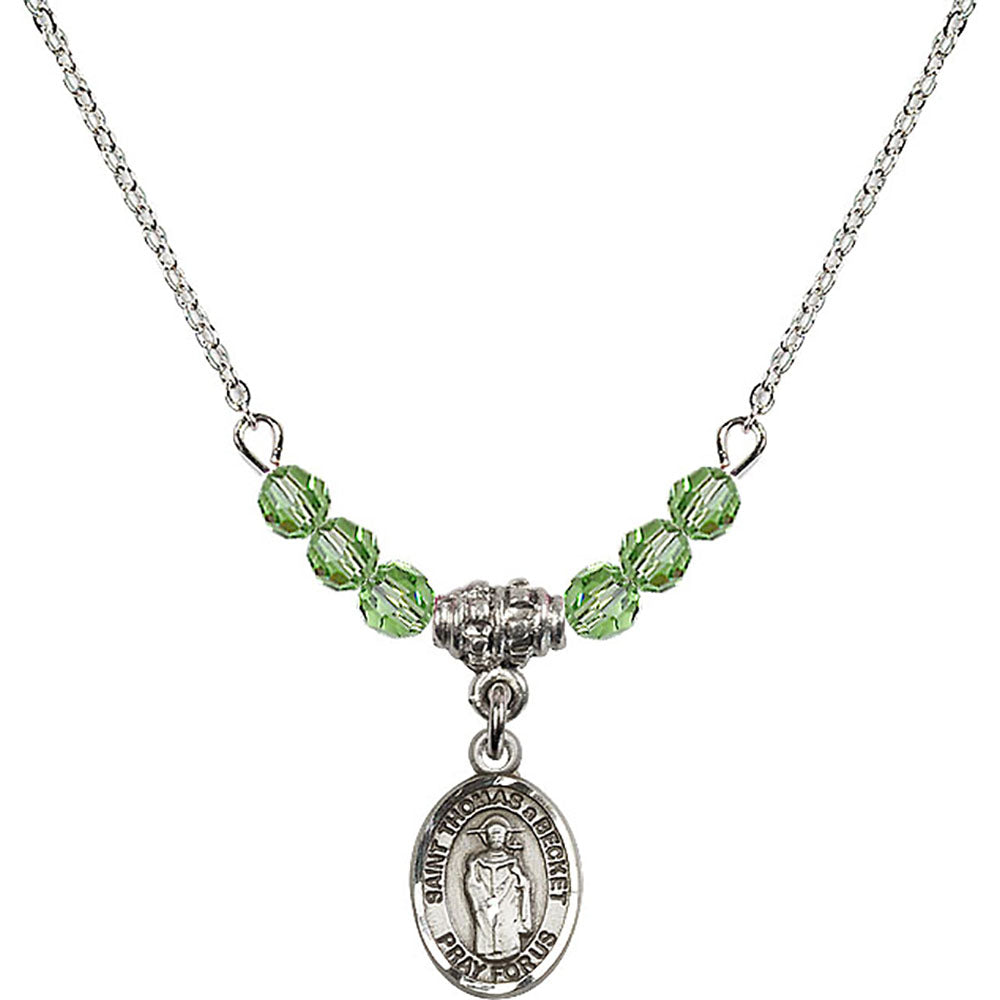 Sterling Silver Saint Thomas A Becket Birthstone Necklace with Peridot Beads - 9344