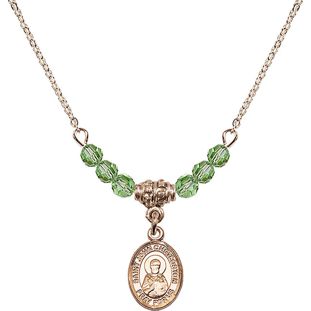 14kt Gold Filled Saint John Chrysostom Birthstone Necklace with Peridot Beads - 9357