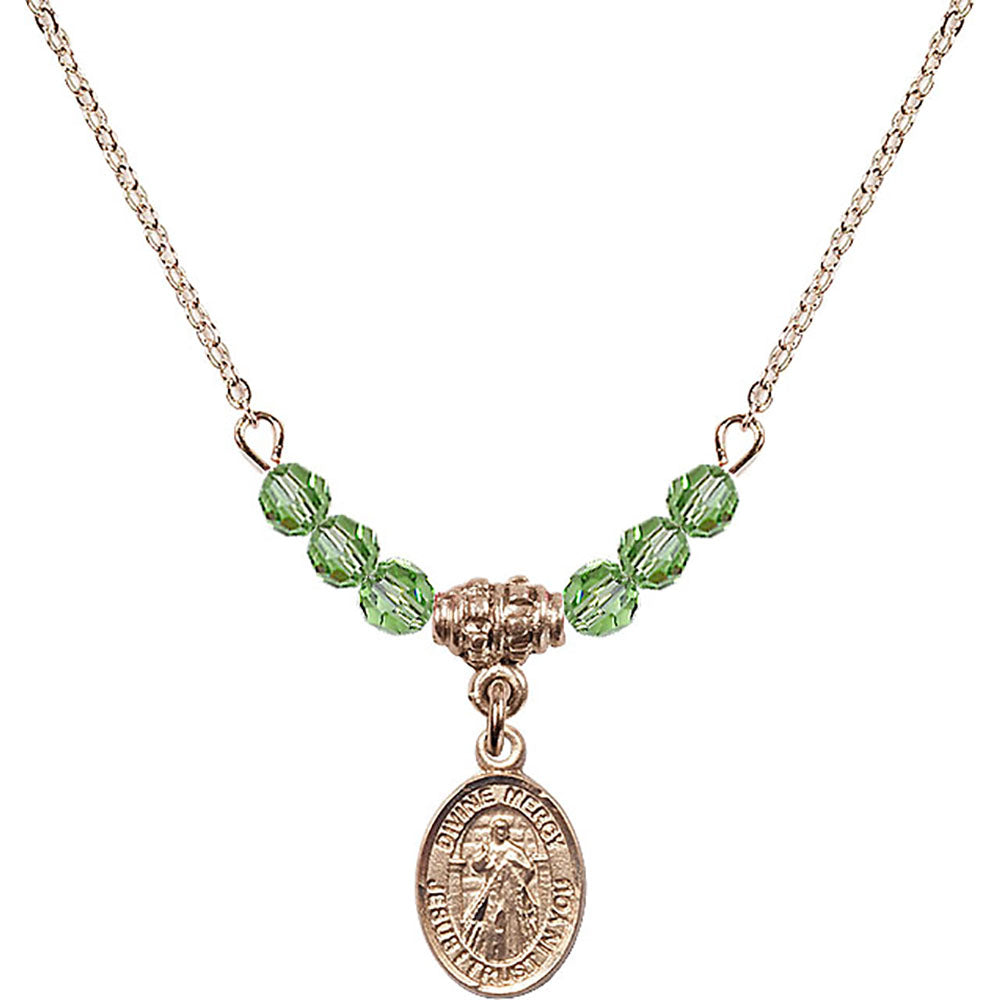 14kt Gold Filled Divine Mercy Birthstone Necklace with Peridot Beads - 9366