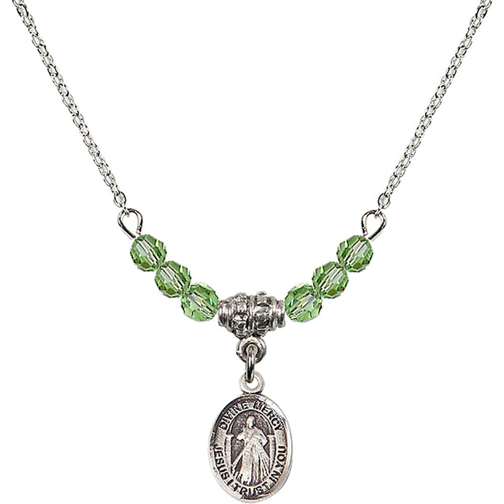 Sterling Silver Divine Mercy Birthstone Necklace with Peridot Beads - 9366