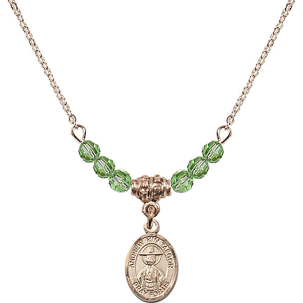 14kt Gold Filled Saint Andrew Kim Taegon Birthstone Necklace with Peridot Beads - 9373
