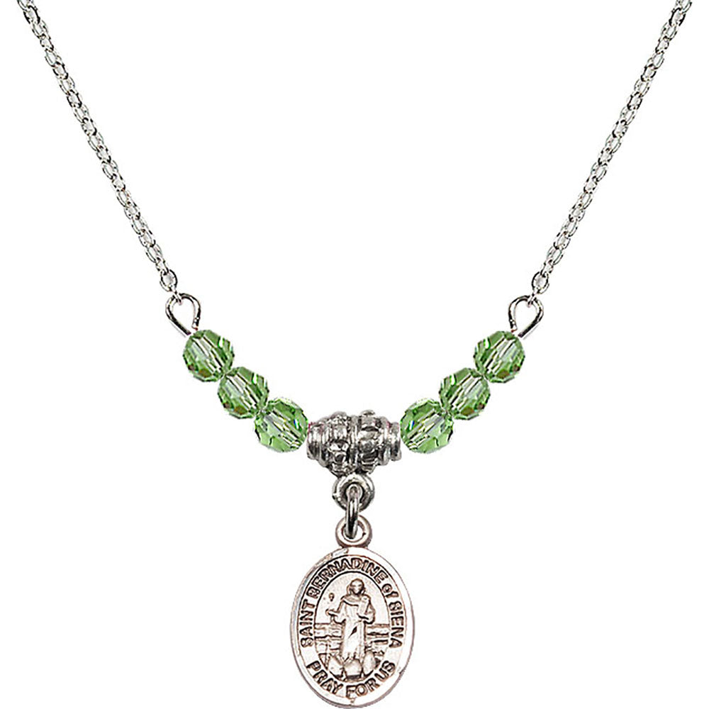 Sterling Silver Saint Bernadine of Sienna Birthstone Necklace with Peridot Beads - 9387