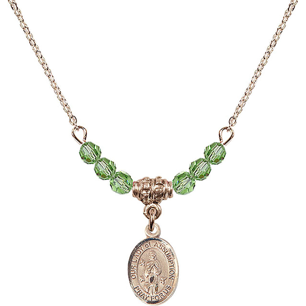 14kt Gold Filled Our Lady of Assumption Birthstone Necklace with Peridot Beads - 9388