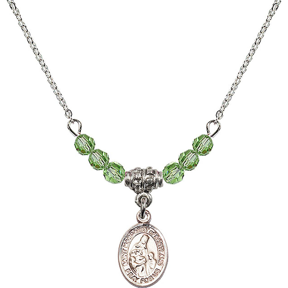 Sterling Silver Saint Margaret of Scotland Birthstone Necklace with Peridot Beads - 9407