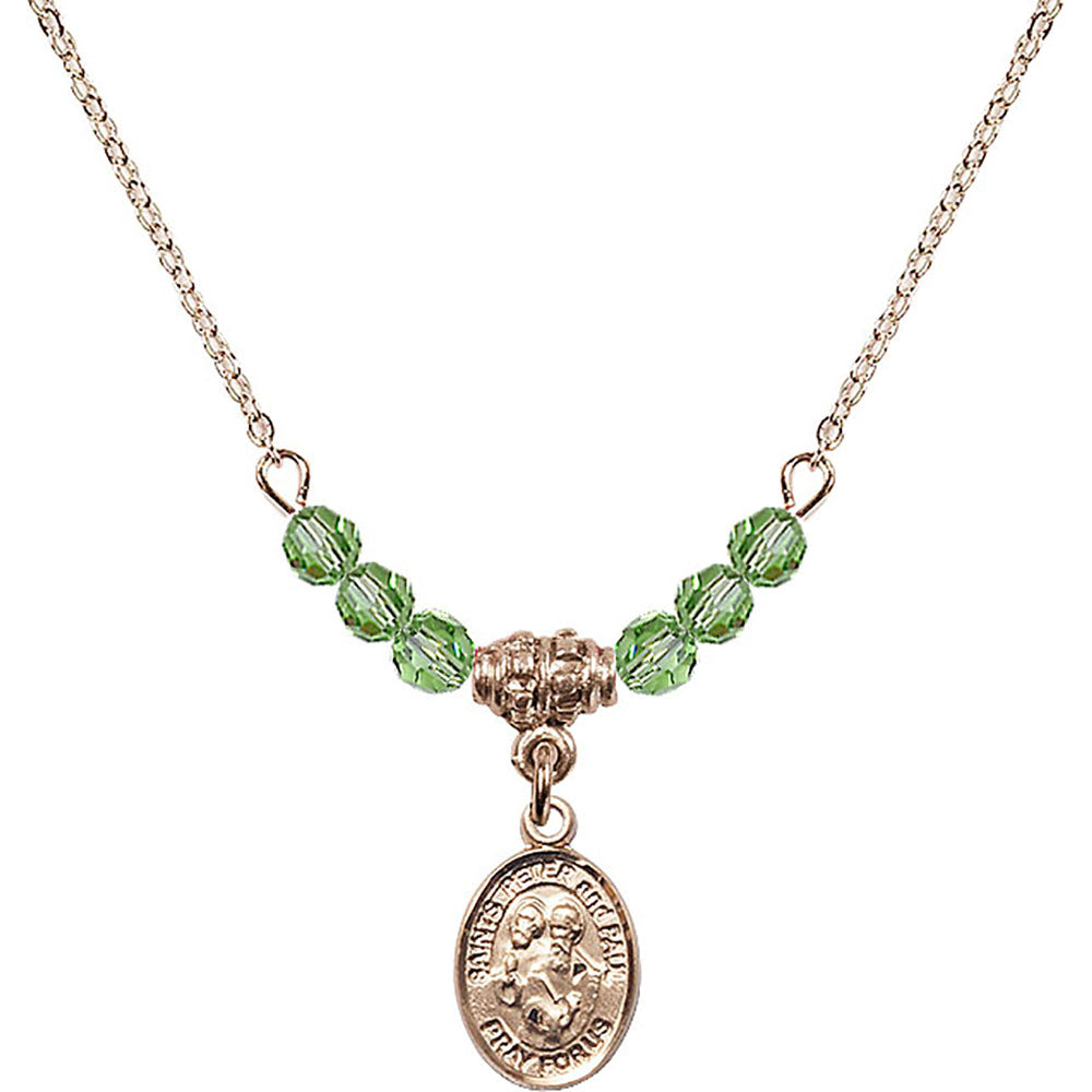 14kt Gold Filled Saints Peter & Paul Birthstone Necklace with Peridot Beads - 9410