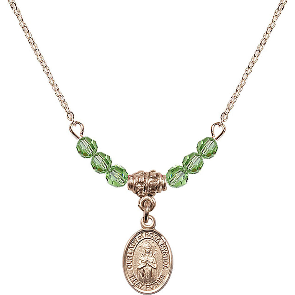 14kt Gold Filled Our Lady of Rosa Mystica Birthstone Necklace with Peridot Beads - 9413