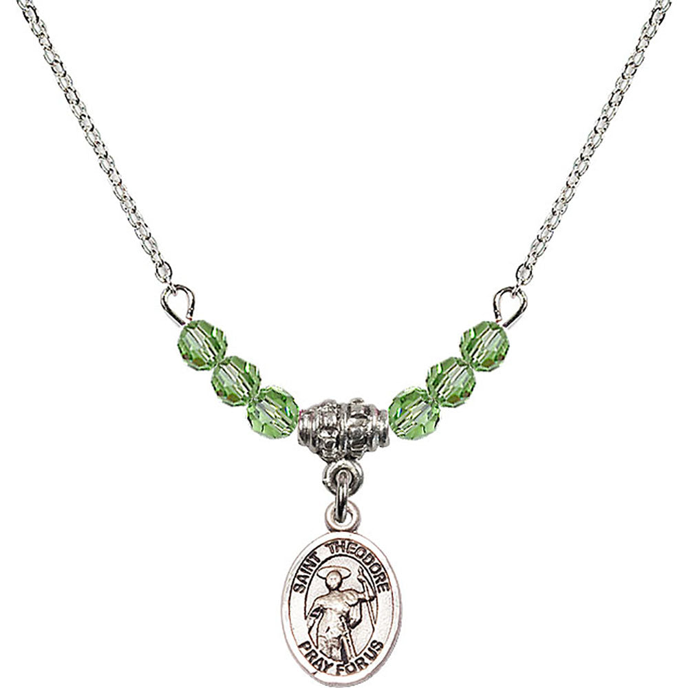 Sterling Silver Saint Theodore Stratelates Birthstone Necklace with Peridot Beads - 9415