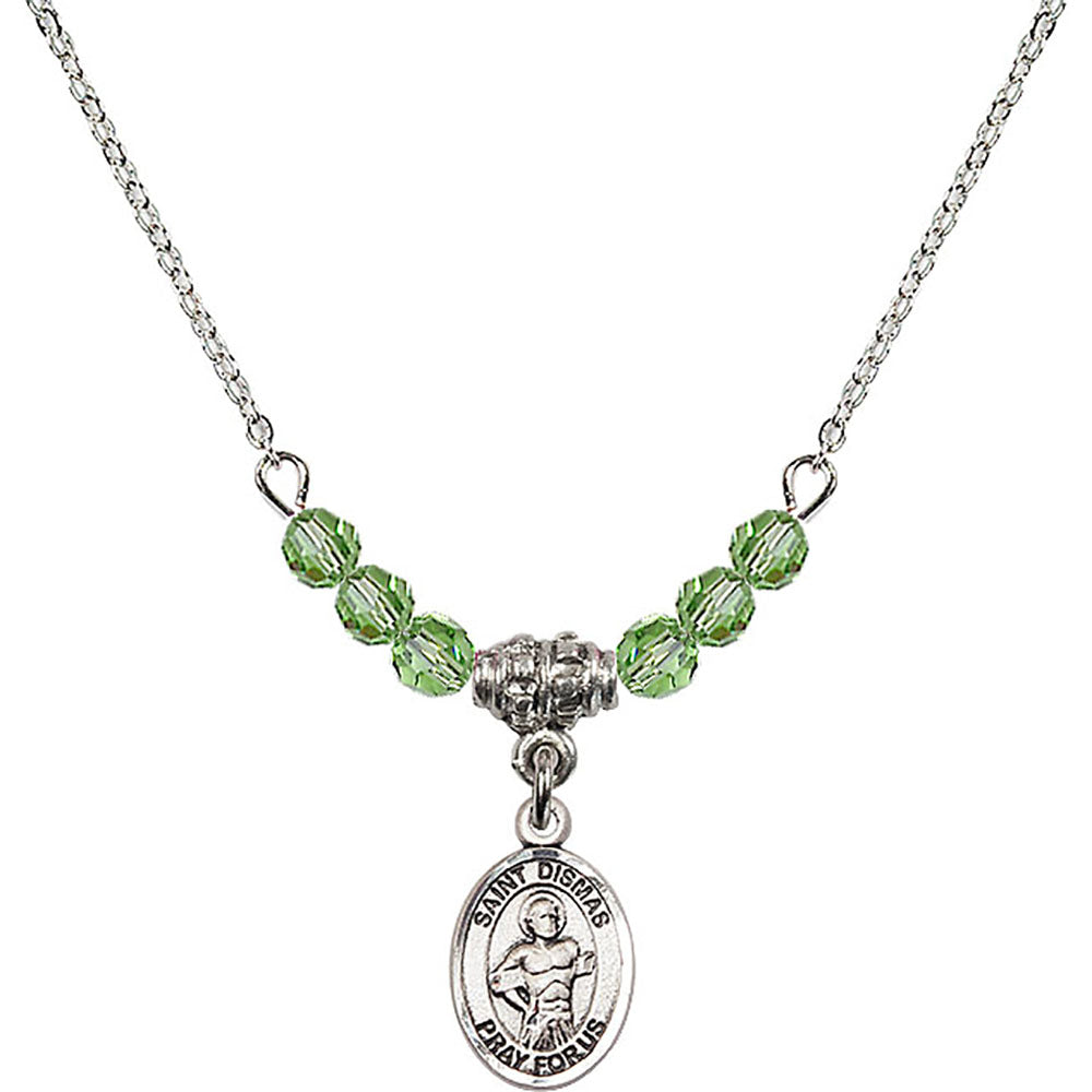 Sterling Silver Saint Dismas Birthstone Necklace with Peridot Beads - 9418