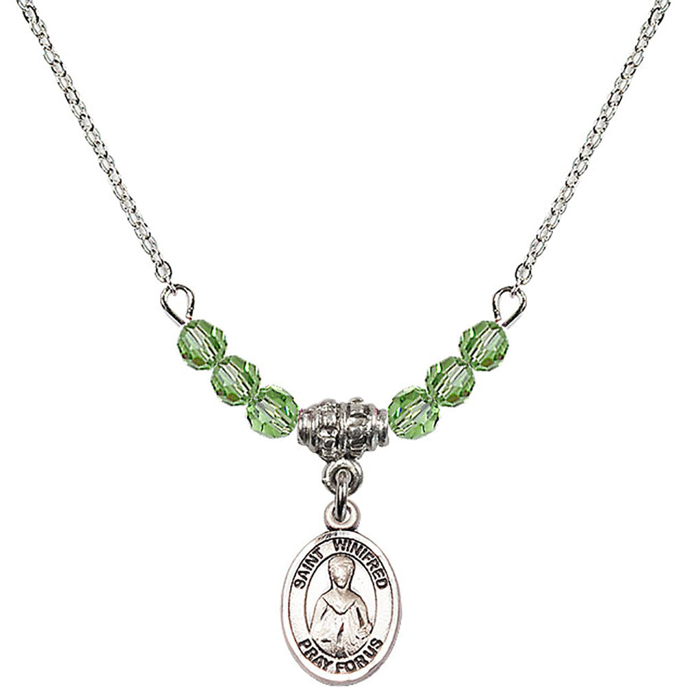 Sterling Silver Saint Winifred of Wales Birthstone Necklace with Peridot Beads - 9419