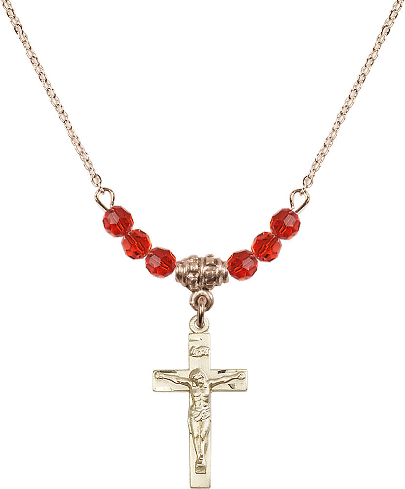 14kt Gold Filled Crucifix Birthstone Necklace with Ruby Beads - 0001