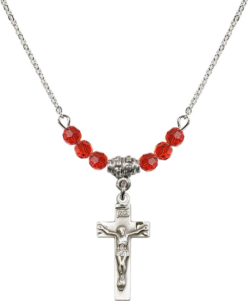 Sterling Silver Crucifix Birthstone Necklace with Ruby Beads - 0006