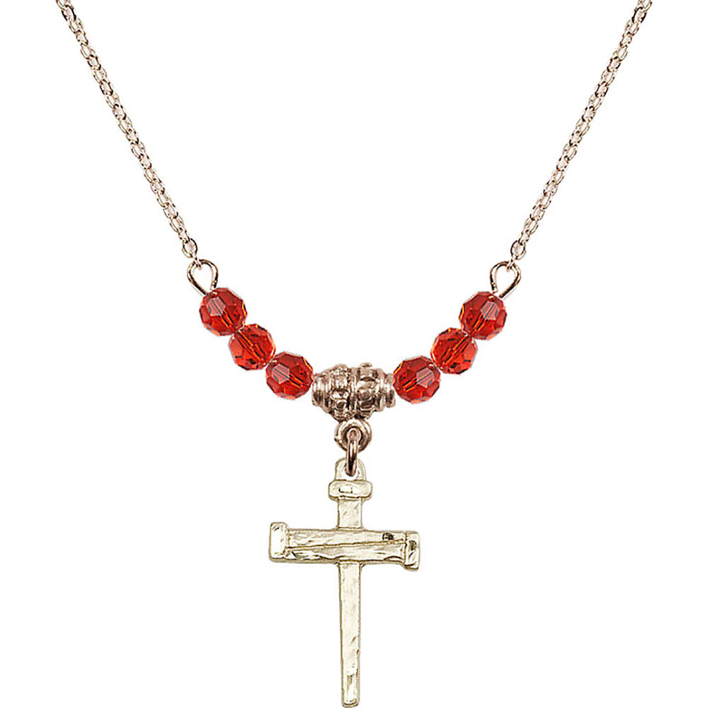 14kt Gold Filled Nail Cross Birthstone Necklace with Ruby Beads - 0012