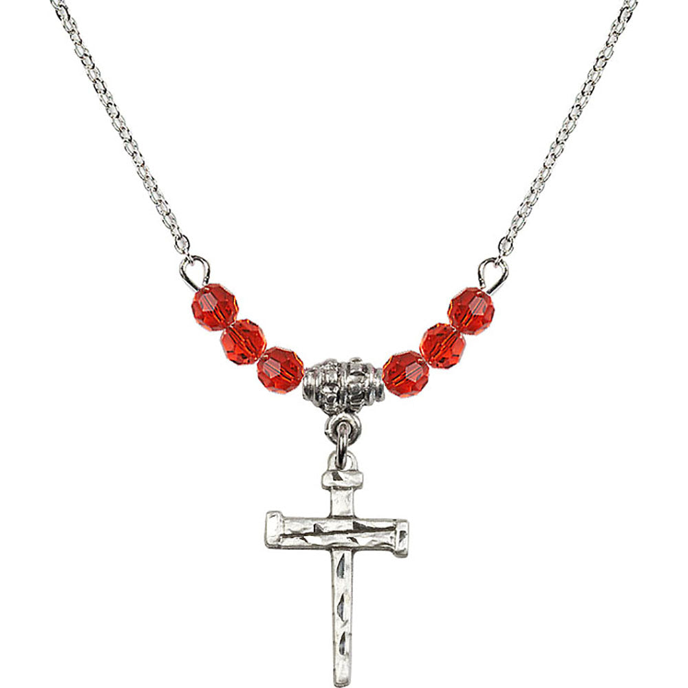 Sterling Silver Nail Cross Birthstone Necklace with Ruby Beads - 0012