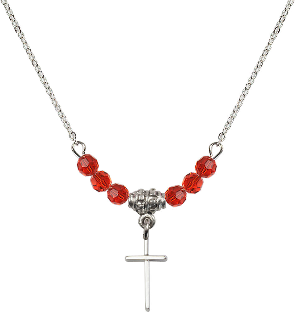 Sterling Silver Cross Birthstone Necklace with Ruby Beads - 0014