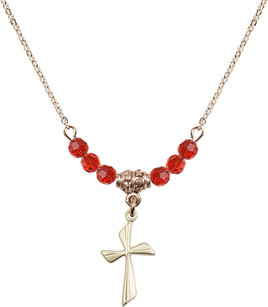 14kt Gold Filled Cross Birthstone Necklace with Ruby Beads - 0016