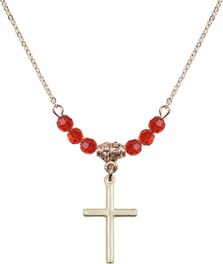 14kt Gold Filled Cross Birthstone Necklace with Ruby Beads - 0017
