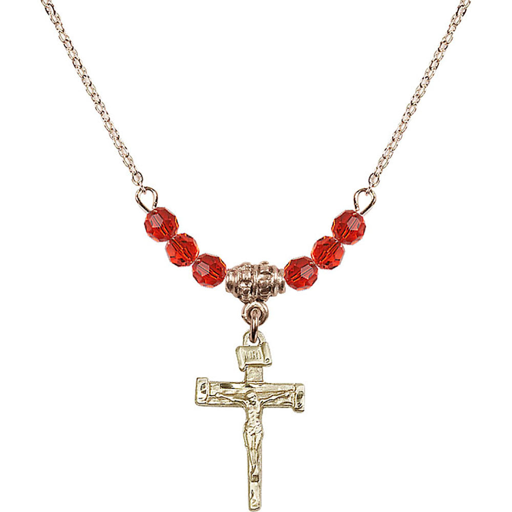 14kt Gold Filled Nail Crucifix Birthstone Necklace with Ruby Beads - 0072