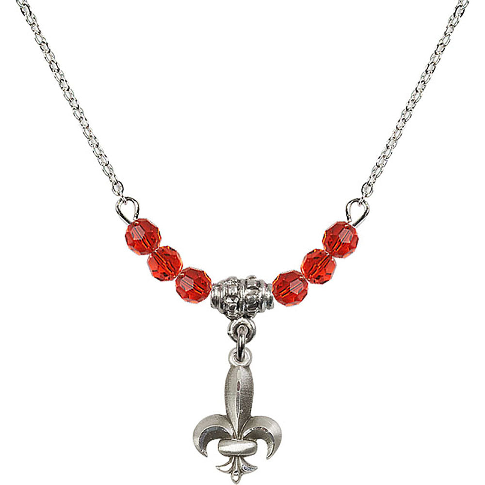 Sterling Silver Fleur de Lis Birthstone Necklace with Ruby Beads - 0293
