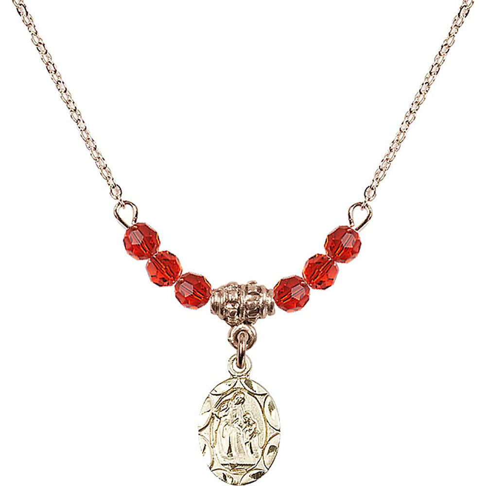 14kt Gold Filled Saint Ann Birthstone Necklace with Ruby Beads - 0301