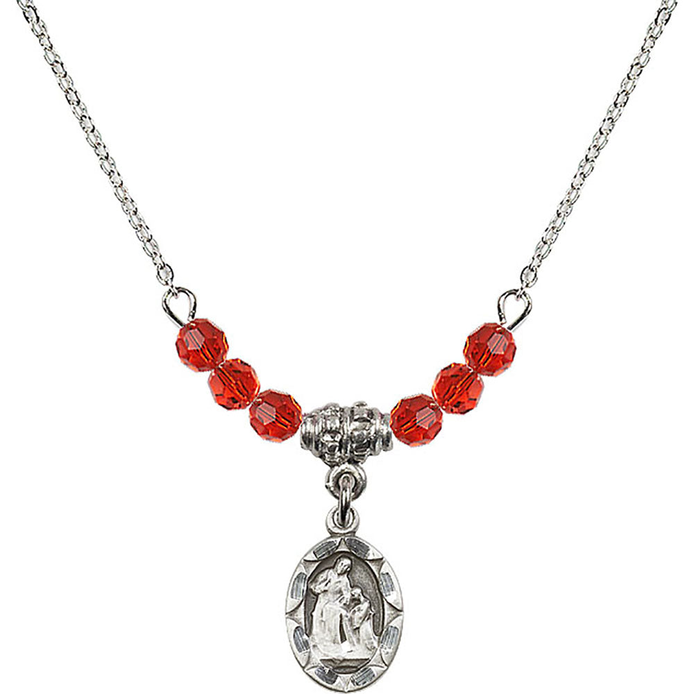 Sterling Silver Saint Ann Birthstone Necklace with Ruby Beads - 0301