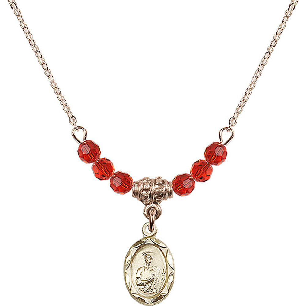 14kt Gold Filled Saint Jude Birthstone Necklace with Ruby Beads - 0301
