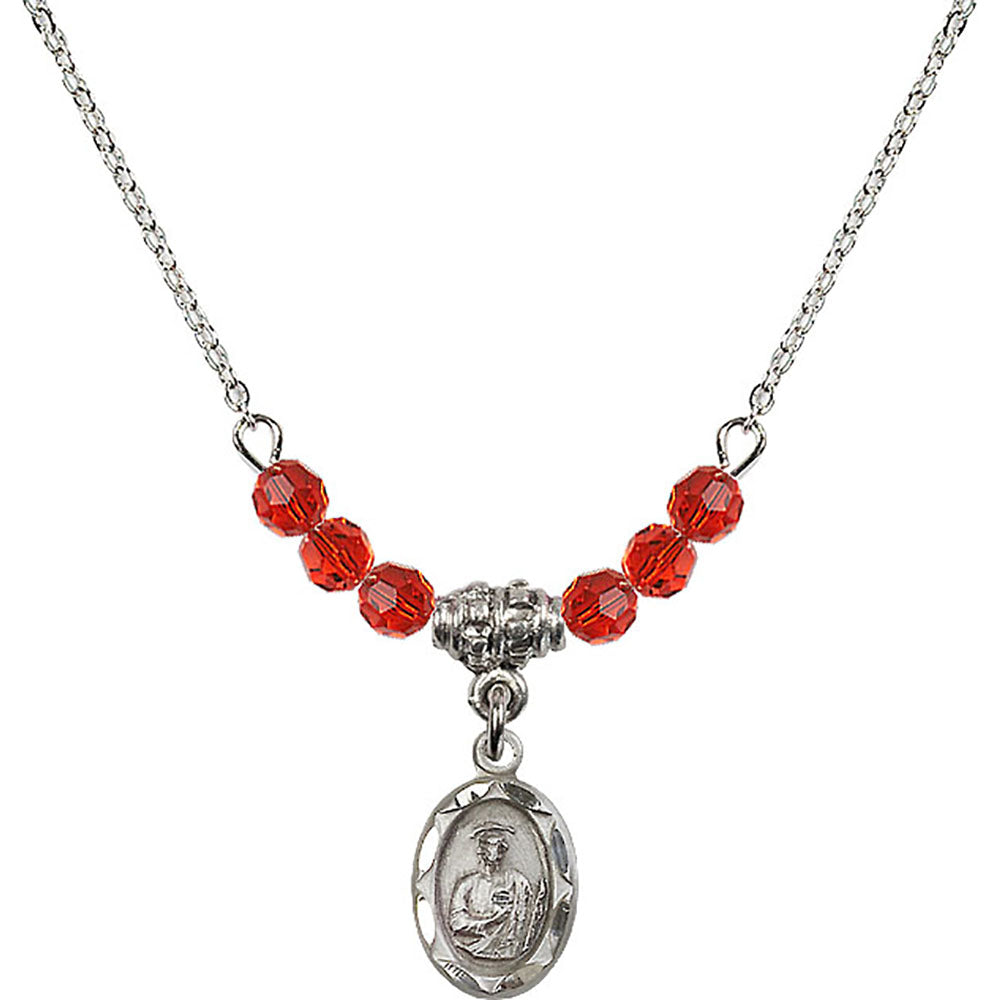 Sterling Silver Saint Jude Birthstone Necklace with Ruby Beads - 0301
