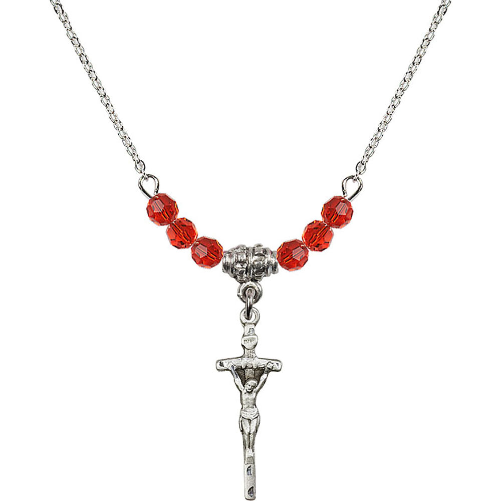 Sterling Silver Papal Crucifix Birthstone Necklace with Ruby Beads - 0563